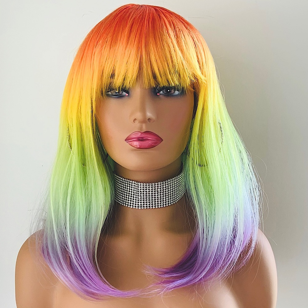 🌈 Rainbow Color “Put On & Go” Synthetic Wig w Bangs for Events/Halloween….😊